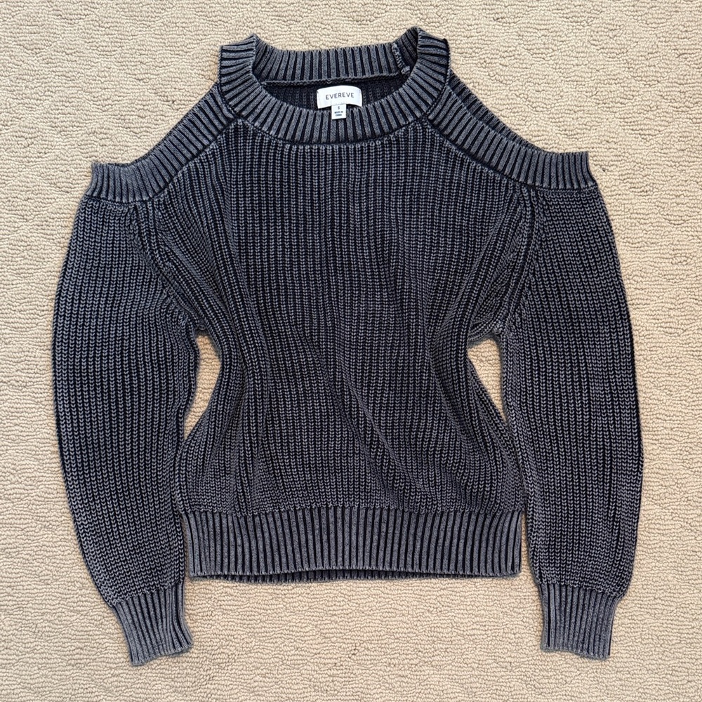 Evereve Womens Small Grey black Cold Shoulder 100% cotton Sweater